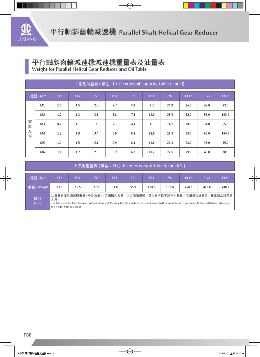 F系列平行軸斜齒輪減速機_減速機重量表及油量表