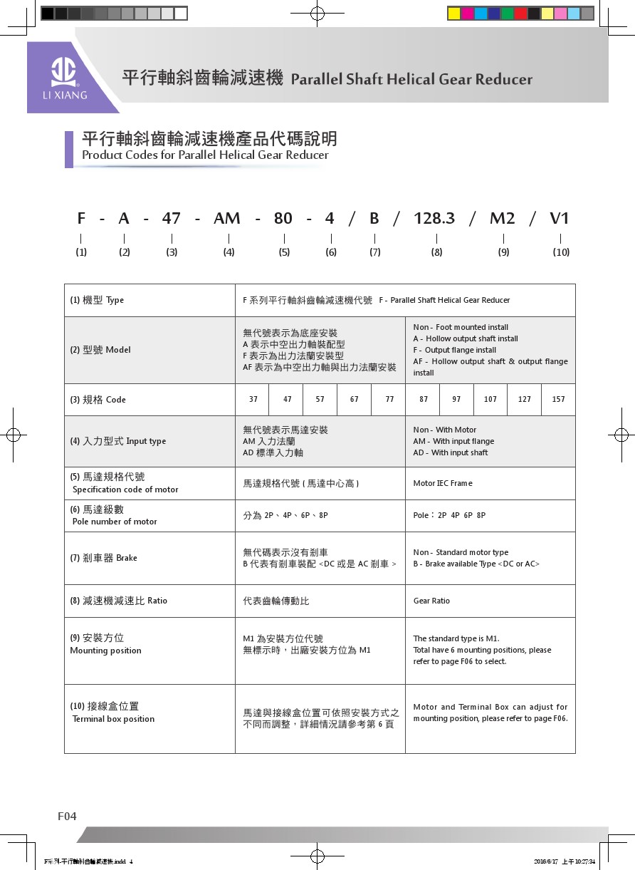 F系列平行軸斜齒輪減速機_產品代碼說明